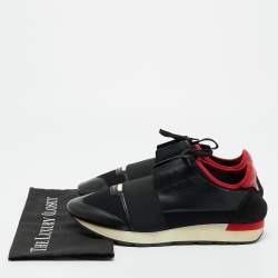 Pre Owned Balenciaga Black/Red Leather and Mesh Race Runner Low Top Sneakers Size 42
