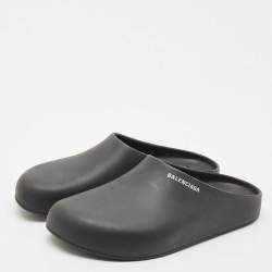 Pre Owned Balenciaga Black Rubber Flat Pool Mules Size 44