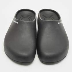 Pre Owned Balenciaga Black Rubber Flat Pool Mules Size 44