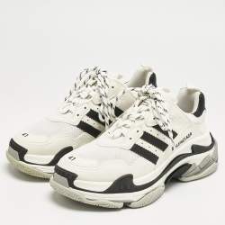 Balenciaga x Adidas White/Black Faux Leather and Mesh Triple S Sneakers Size 41