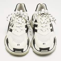 Balenciaga x Adidas White/Black Faux Leather and Mesh Triple S Sneakers Size 41