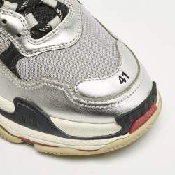 Balenciaga Silver Leather and Mesh Triple S Sneakers Size 41