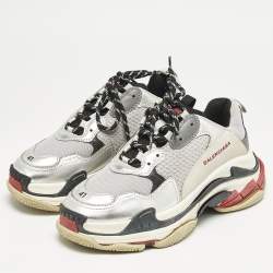 Balenciaga Silver Leather and Mesh Triple S Sneakers Size 41