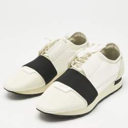 Pre Owned Balenciaga White/Black Leather and Mesh Race Runner Sneakers Size 41