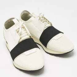 Pre Owned Balenciaga White/Black Leather and Mesh Race Runner Sneakers Size 41