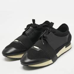 Pre Owned Balenciaga Black Leather and Mesh Race Runner Low Top Sneakers Size 42
