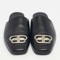 Pre Owned Balenciaga Black Leather Cosy BB Flat Mules Size 42