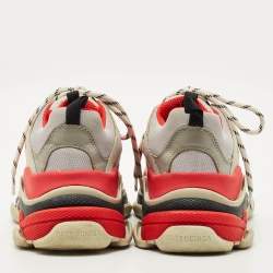 Pre Owned Balenciaga Grey/Red Leather and Mesh Triple S Sneakers Size 39