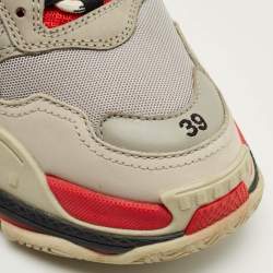 Pre Owned Balenciaga Grey/Red Leather and Mesh Triple S Sneakers Size 39