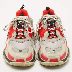 Pre Owned Balenciaga Grey/Red Leather and Mesh Triple S Sneakers Size 39