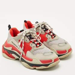 Pre Owned Balenciaga Grey/Red Leather and Mesh Triple S Sneakers Size 39