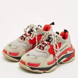 Pre Owned Balenciaga Grey/Red Leather and Mesh Triple S Sneakers Size 39