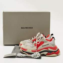 Pre Owned Balenciaga Grey/Red Leather and Mesh Triple S Sneakers Size 39
