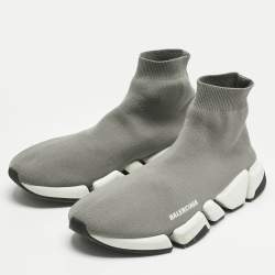 Pre Owned Balenciaga Grey Knit Fabric Speed Trainer High Slip On Sneakers Size 47