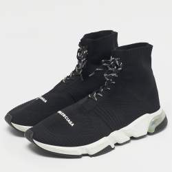 Pre Owned Balenciaga Black Knit Fabric Speed 2.0 Trainer High Lace Up Sneakers Size 47