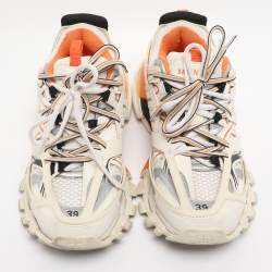 Pre Owned Balenciaga White/Orange Mesh and Faux Leather Track Low Top Sneakers Size 39