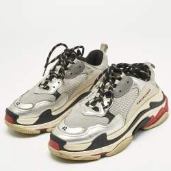 Pre Owned Balenciaga Silver/Grey Leather and Mesh Triple S Sneakers Size 42