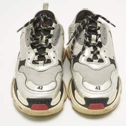 Pre Owned Balenciaga Silver/Grey Leather and Mesh Triple S Sneakers Size 42