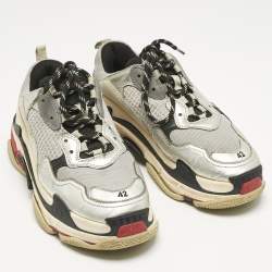 Pre Owned Balenciaga Silver/Grey Leather and Mesh Triple S Sneakers Size 42
