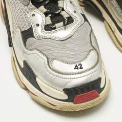 Pre Owned Balenciaga Silver/Grey Leather and Mesh Triple S Sneakers Size 42