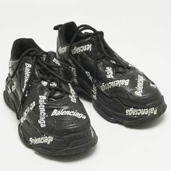 Pre Owned Balenciaga Black Faux Leather Allover Logo Triple S Sneakers Size 43