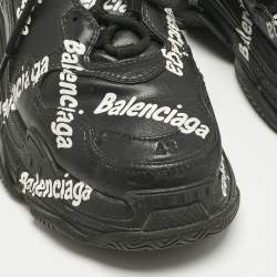 Pre Owned Balenciaga Black Faux Leather Allover Logo Triple S Sneakers Size 43