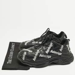 Pre Owned Balenciaga Black Faux Leather Allover Logo Triple S Sneakers Size 43