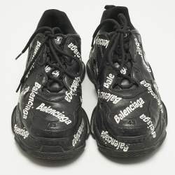 Pre Owned Balenciaga Black Faux Leather Allover Logo Triple S Sneakers Size 43