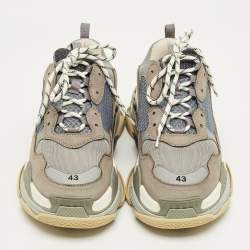Pre Owned Balenciaga Grey/Blue Mesh and Leather Triple S Sneakers Size 43