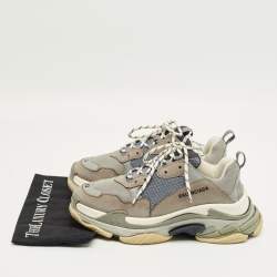 Pre Owned Balenciaga Grey/Blue Mesh and Leather Triple S Sneakers Size 43