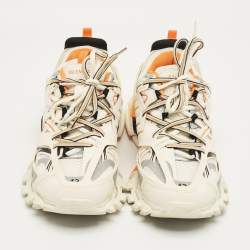 Pre Owned Balenciaga White/Orange Mesh and Faux Leather Track Sneakers Size 43