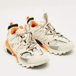 Pre Owned Balenciaga White/Orange Mesh and Faux Leather Track Sneakers Size 43