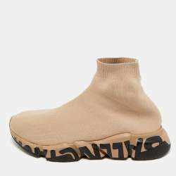 Pre Owned Balenciaga Beige Knit Fabric Speed 2.0 Lace Up High Top Sneakers Size 44