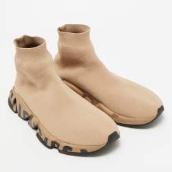 Pre Owned Balenciaga Beige Knit Fabric Speed 2.0 Lace Up High Top Sneakers Size 44