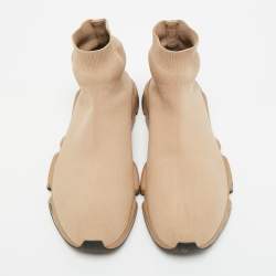 Pre Owned Balenciaga Beige Knit Fabric Speed 2.0 Lace Up High Top Sneakers Size 44