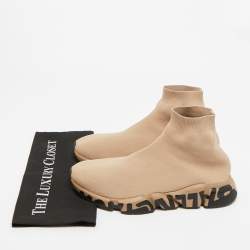 Pre Owned Balenciaga Beige Knit Fabric Speed 2.0 Lace Up High Top Sneakers Size 44