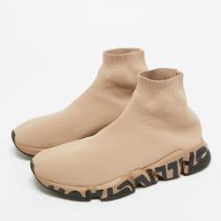 Pre Owned Balenciaga Beige Knit Fabric Speed 2.0 Lace Up High Top Sneakers Size 44
