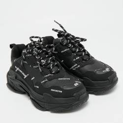 Pre Owned Balenciaga Black Faux Leather Allover Logo Triple S Sneakers Size 40