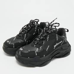 Pre Owned Balenciaga Black Faux Leather Allover Logo Triple S Sneakers Size 40