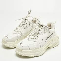 Pre Owned Balenciaga Triple S Size 43 White Allover Logo Faux Leather Low Top Sneakers