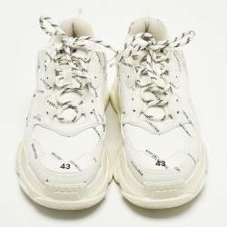 Pre Owned Balenciaga Triple S Size 43 White Allover Logo Faux Leather Low Top Sneakers