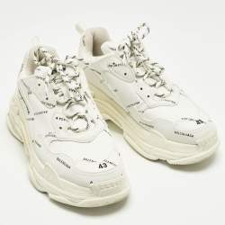 Pre Owned Balenciaga Triple S Size 43 White Allover Logo Faux Leather Low Top Sneakers