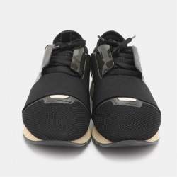 Pre Owned حذاء رياضي بالنسياغا رنر شبكة وزيتوني وأسود جلد لامع سطح السفلي مقاس 43