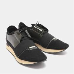 Pre Owned حذاء رياضي بالنسياغا رنر شبكة وزيتوني وأسود جلد لامع سطح السفلي مقاس 43