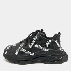 Pre Owned Balenciaga Triple S Allover Logo Size 44 Black Faux Leather Low Top Sneakers