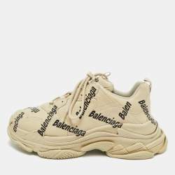 Pre Owned Balenciaga Triple S Allover Logo Size 44 Beige Faux Leather Low Top Sneakers