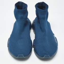 Pre Owned Balenciaga Speed 2.0 Size 44 Blue Knit Fabric High Top Sneakers