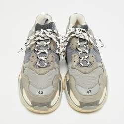 Pre Owned Balenciaga Triple S Size 43 Grey Mesh and Nubuck Leather Lace Up Sneakers