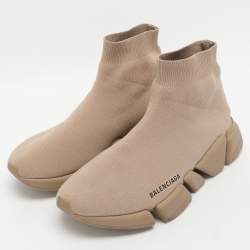 Pre Owned حذاء رياضي بالنسياغا قماش بني محبوك عنق مرتفع مقاس 41