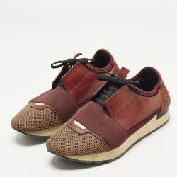 Pre Owned Balenciaga Race Runner Size 42 Burgundy Leather, Mesh and Suede Low Top Sneakers